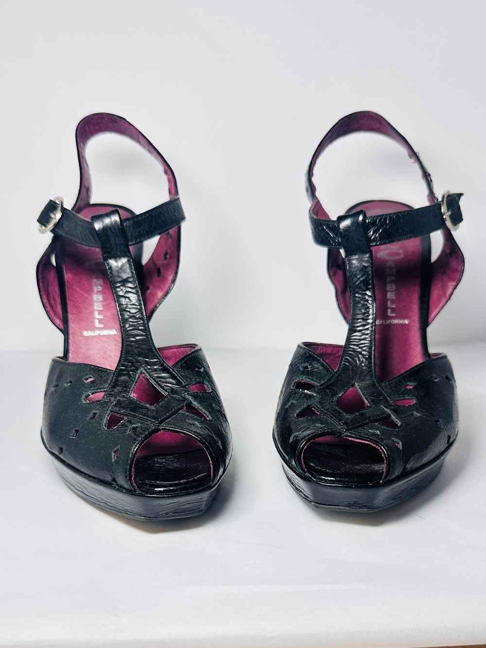 Jeffrey Campbell Black T-Strap Peep-Toe Heels with Pink Lining